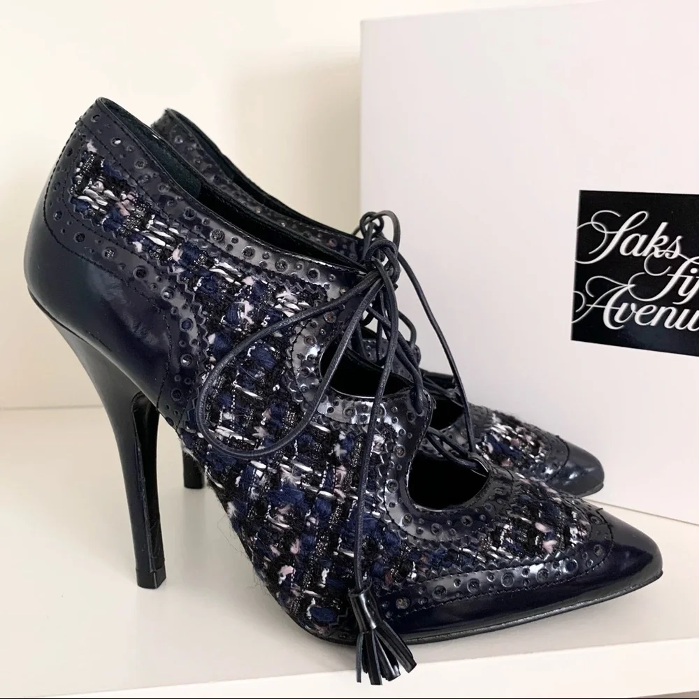 Tory Burch tweed tassel lace up oxford heels